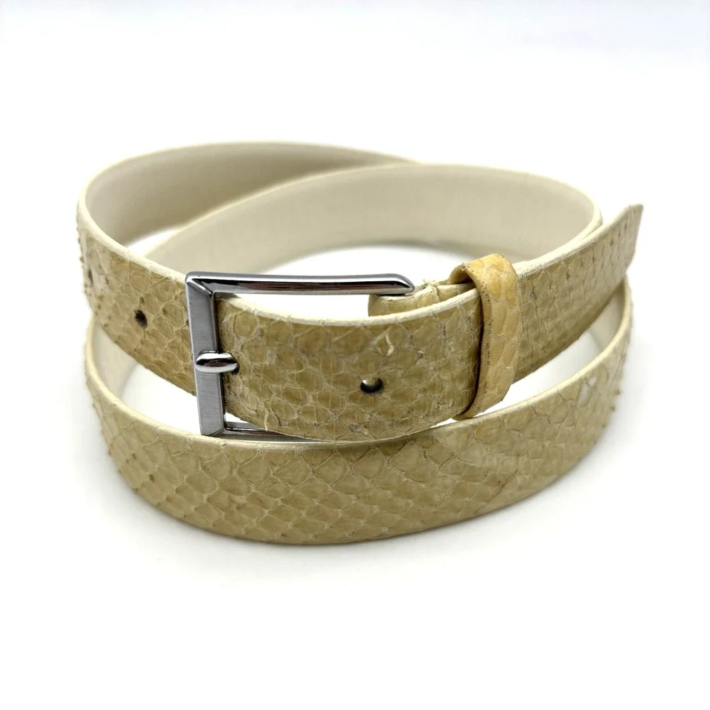 Vintage 80s Christopher Hayes 4001 Cream Snakeskin Brass Buckle Dress Belt 29-33